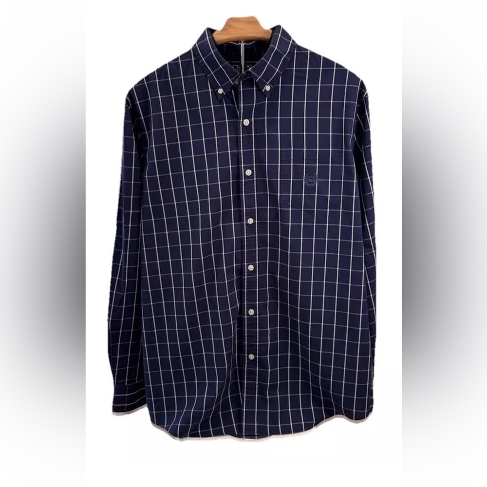 Chaps‎ stretch easy care men’s large blue plaid casual button down shirt cotton